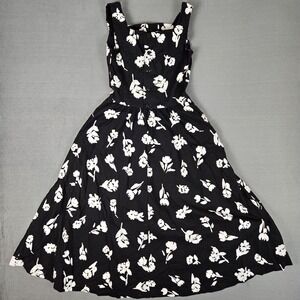 Vintage Lang Originals Pinup Dress Womens 6 Black White Floral Made‎ in USA  70s
